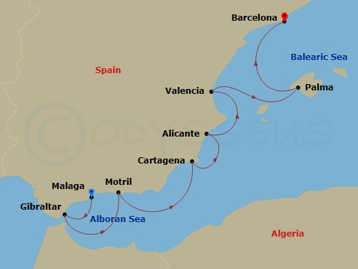 Spain Intensive Cruise: Malaga, Valencia & Barcelona Route Map