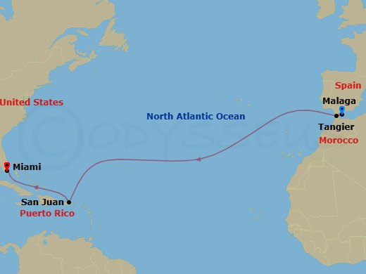 Transatlantic Cruise: Malaga, San Juan & Miami Route Map