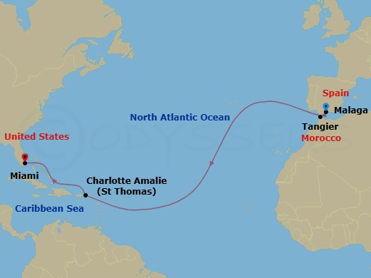 Transatlantic Cruise: Malaga To Miami Route Map