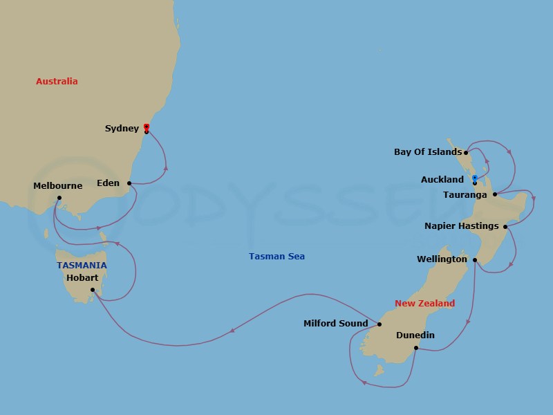 New Zealand & Australia Holiday Cruise: Auckland, Hobart & Melbourne Route Map