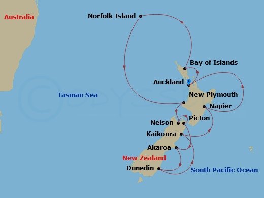 New Zealand Intensive Cruise: Auckland, Dunedin & Kaikoura Route Map
