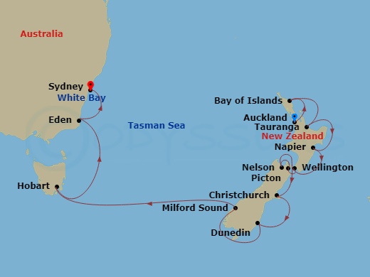 New Zealand & Australia Cruise: Auckland, Milford Sound & Sydney Route Map