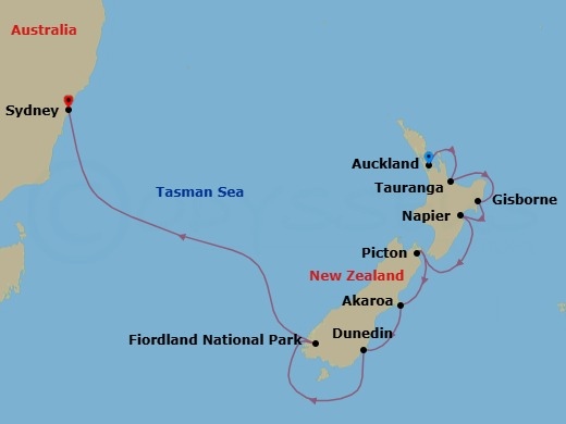 12-Day World Cruise: New Zealand & Fiordland Wonders Route Map