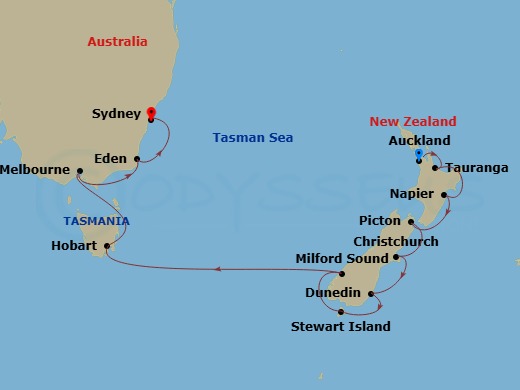 New Zealand & Australia Cruise: Auckland, Hobart & Sydney Route Map