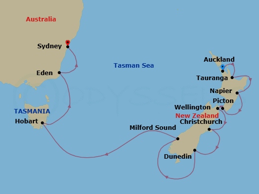 New Zealand & Australia Cruise: Auckland, Napier & Sydney Route Map