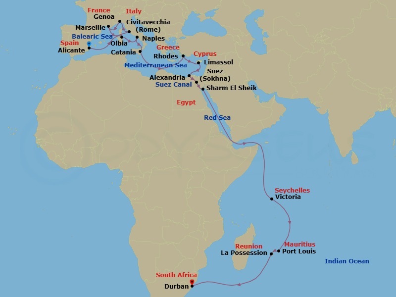 MSC Grand Voyages, 31 Nights Route Map