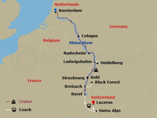 Romantic Rhine With 2 Nights In Lucerne (Southbound) Route Map