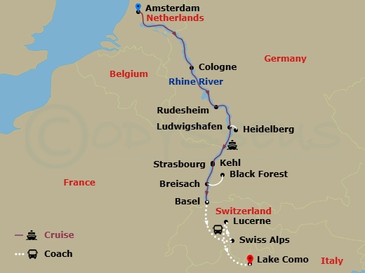 Romantic Rhine With Swiss Alps, 1 Night In Lucerne & 3 Nights In Lake Como (Southbound) Route Map