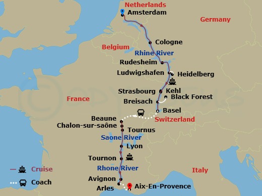 Rhine & Rhône Revealed With 2 Nights In French Riviera For Wine Lovers (Southbound) Route Map