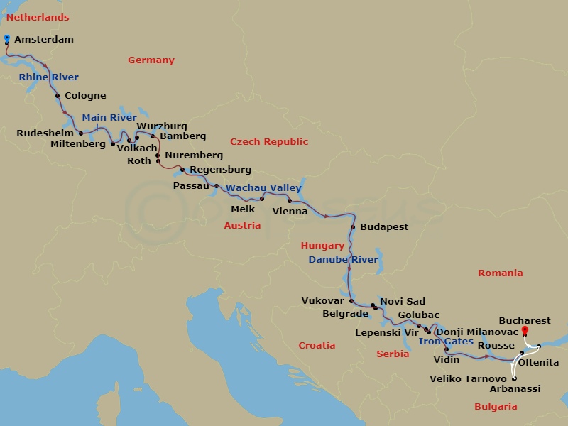 Iconic Rivers Of Europe - The Rhine, Main & Danube With 1 Night In Bucharest Route Map