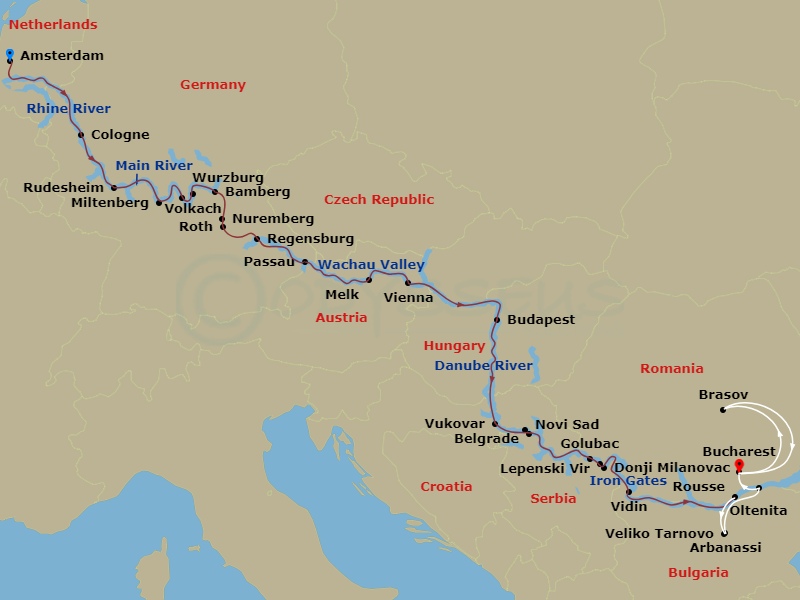 Iconic Rivers Of Europe - The Rhine, Main & Danube With 1 Night In Bucharest And 2 Nights In Transylvania Route Map