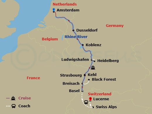 Active & Discovery On The Rhine With 2 Nights In Lucerne (Southbound) Route Map
