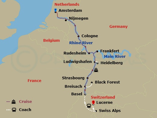 Reflections On The Rhine With 2 Nights In Lucerne (Southbound) Route Map