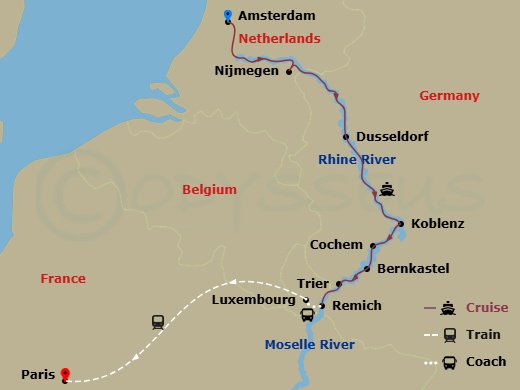 The Rhine & Moselle: Canals, Vineyards & Castles With 2 Nights In Amsterdam & 2 Nights In Paris Route Map