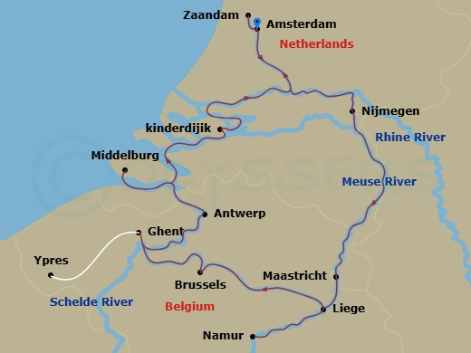 Grand Holland & Belgium Cruise With 1 Night In Amsterdam Route Map
