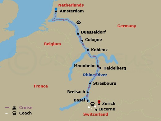 Christmas Markets On The Rhine & Lucerne - Zurich Route Map