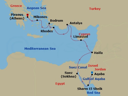 Ancient Wonders - Aqaba To Athens Via The Suez Canal Route Map