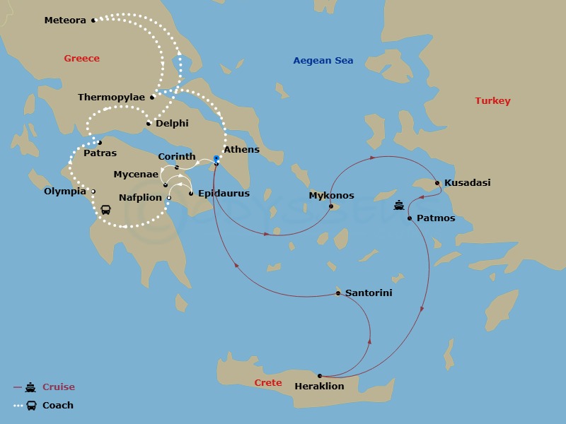 Classical Greece With Iconic Aegean 4-Night Cruise Route Map