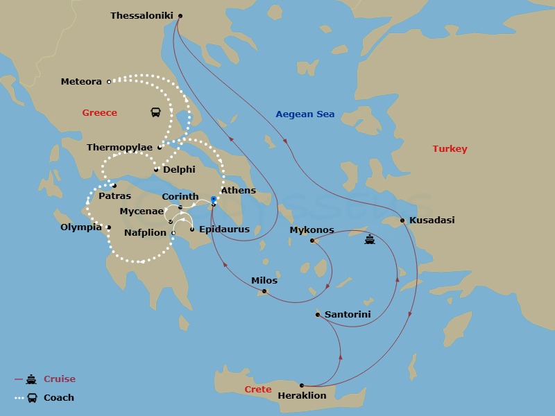 Classical Greece With Idyllic Aegean 7-Night Cruise Route Map