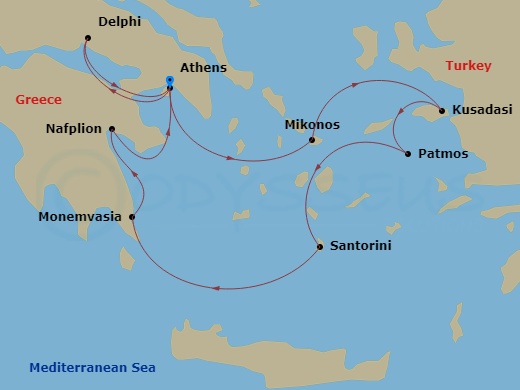 Delphi & Meteora: Grecian Treasures Cruise Tour Route Map