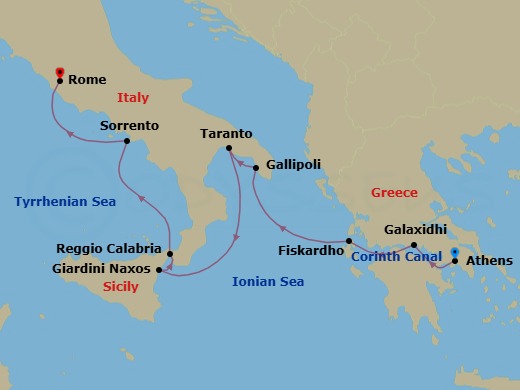 Moments In Southern Italy & Greece Via The Corinth Canal Route Map