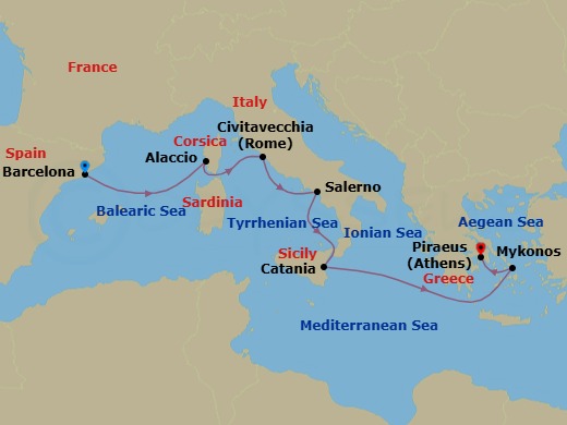 Mediterranean: Barcelona To Athens Route Map