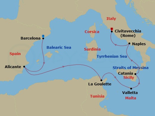 7-Day Western Mediterranean: Spain, Sicily & Amalfi Coast Route Map