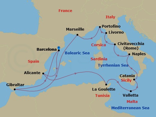 14-Day Western Mediterranean: Spain, Italy & France Route Map