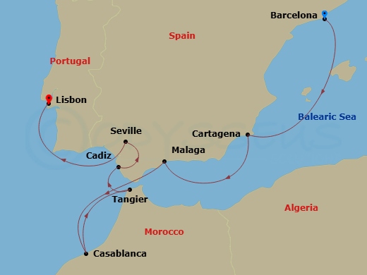 Mediterranean New Year's Cruise: Casablanca, Cadiz & Seville Route Map