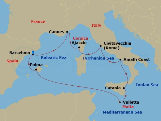 Italy, French Riviera, Spain & Malta Route Map