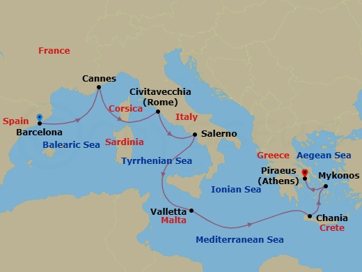 Mediterranean: Barcelona To Athens Route Map