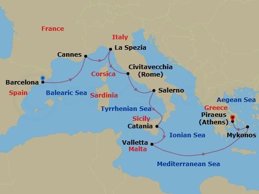 Mediterranean: Barcelona To Athens Route Map