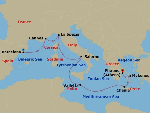 Mediterranean: Barcelona To Athens Route Map