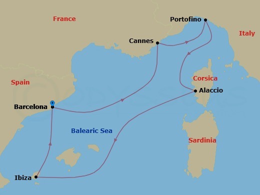 French Riviera, Italy & Ibiza Overnight Route Map
