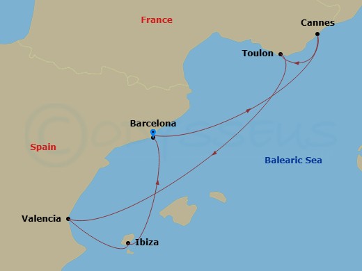 French Riviera, Spain & Ibiza Overnight Route Map