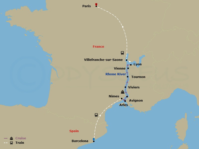 7 Night Colors Of Provence With 3 Nights Barcelona Pre-Cruise And 3 Nights Paris Post-Cruise Route Map