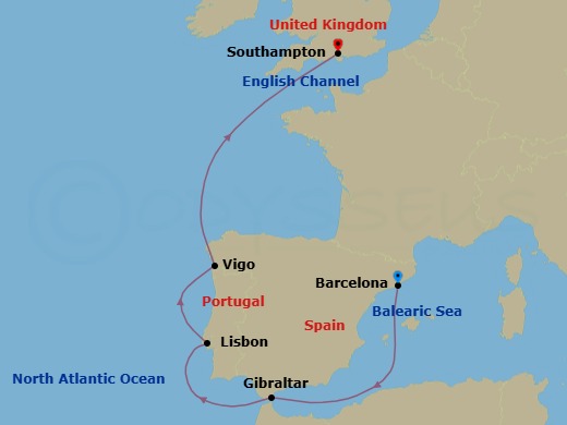 6-Night Western Europe Cruise From Barcelona Ending In Southampton Route Map