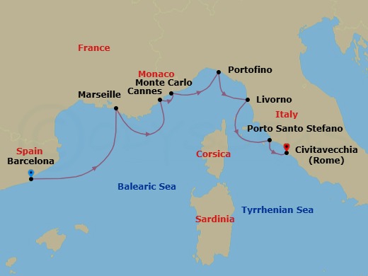 France, Monaco & Italy Cruise: Cannes, Monte Carlo & Portofino Route Map