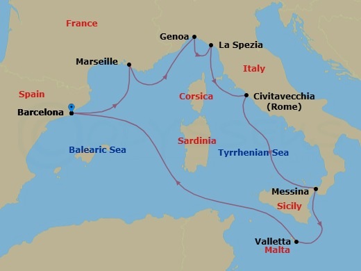 Mediterranean, 8 Nights Route Map