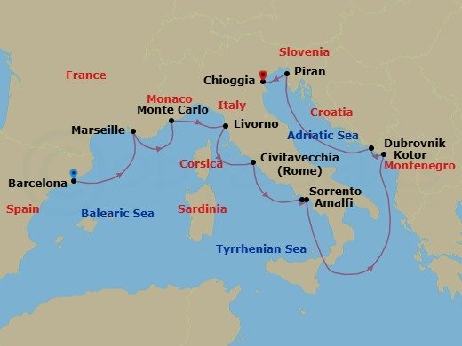Best Of The Mediterranean Cruise: Monte Carlo, Amalfi & Venice Route Map