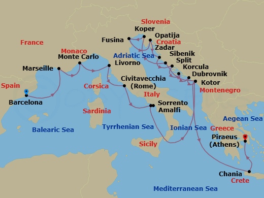 France, Italy & Croatia Combination Cruise: Marseille, Sorrento & Split Route Map