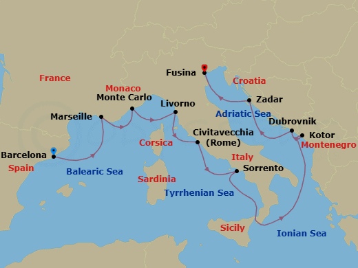 Best Of The Mediterranean Cruise: Monte Carlo, Florence & Dubrovnik Route Map