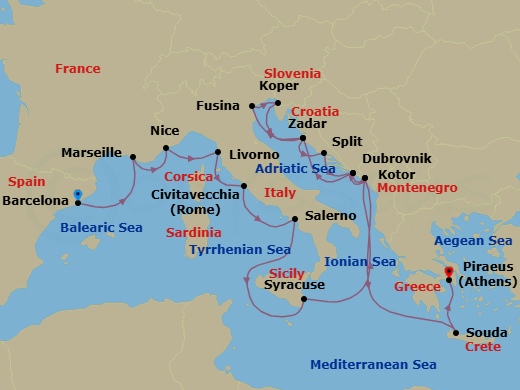 Mediterranean Combination Cruise: Florence, Dubrovnik & Athens Route Map