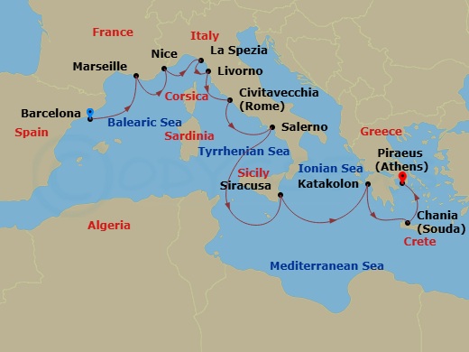 Mediterranean Combination Cruise: Nice, La Spezia & Athens Route Map