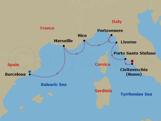 Spain, France & Italy Cruise: Barcelona, Nice & Portovenere Route Map