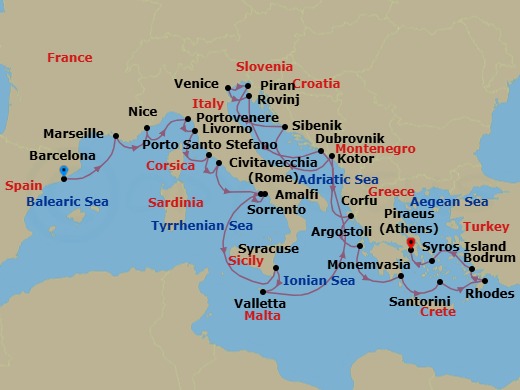Spain, France & Italy Combination Cruise: Barcelona, Nice & Portovenere Route Map