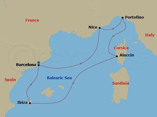 French Riviera, Italy & Ibiza Overnight Route Map