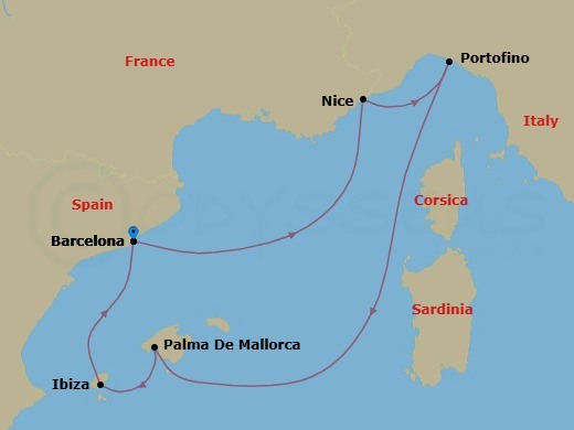 French Riviera, Italy & Ibiza Overnight Route Map