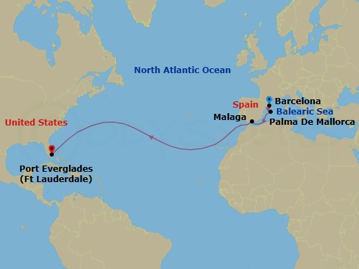 13 Night Spanish Transatlantic Cruise Route Map