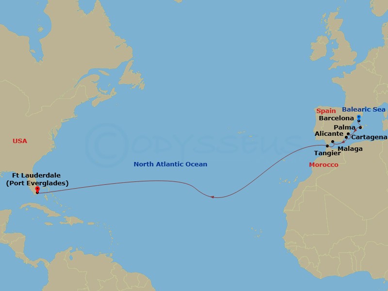 14 Night Spain & Morocco Transatlantic Route Map